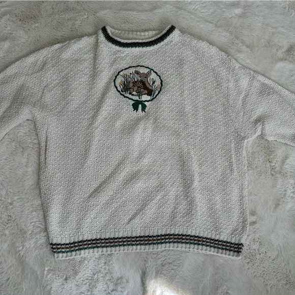 Vintage knit cream colored Fawn/ baby deer sweater - Picture 2 of 13